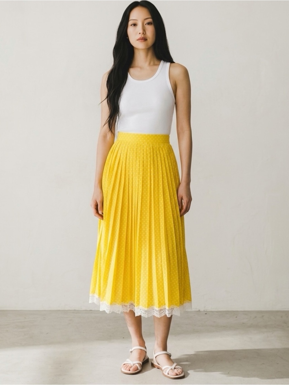 Miu Miu Women’s Yellow Lace-Trimmed Pleated Polka-Dot Crepe Midi Skirt Size 2